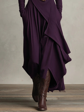 AURELIA™║Vestido largo plisado asimétrico con cuello alto