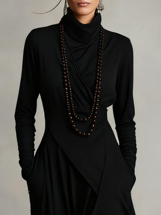 AURELIA™║Vestido largo plisado asimétrico con cuello alto