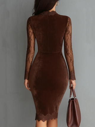 GIOIA™║Mini vestido de terciopelo con cuello vintage y mangas de encaje marrón