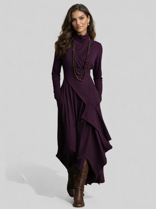 AURELIA™║Vestido largo plisado asimétrico con cuello alto