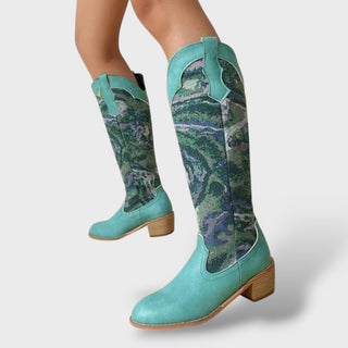 Botas Mujer Bordadas Tacón Cuadrado Elegantes